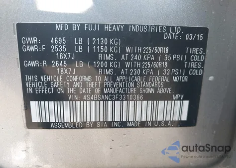 2015 Subaru Outback 2.5I Limited z USA, uszkodzony, nr VIN 4S4BSANC3F3310366